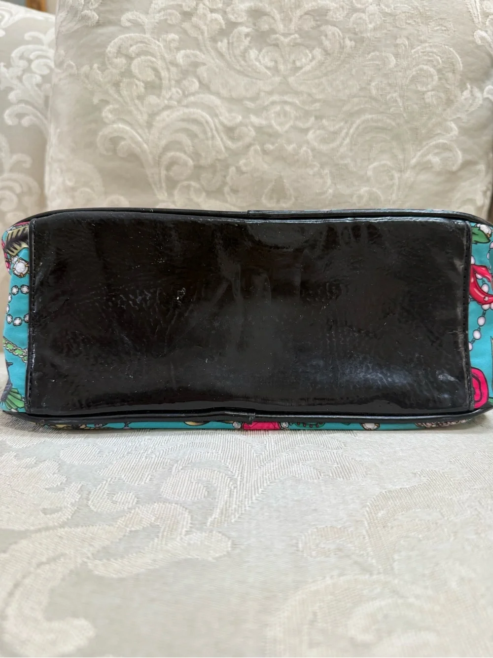 Betsey Johnson Teal Printed Cosmetic Case with Jewel & Rose Motif
